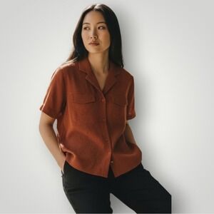 Athleta Womens‎ Textured Button Up Shirt M Burnt Orange Short Sleeve Collar
